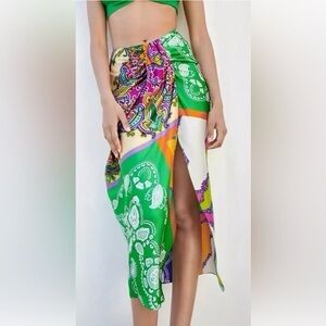Bailey 44 Patchwork Satin Knotted Waist Front Slit Midi Skirt Resortwear